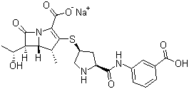 结构式 CAS# 153773-82-1, 厄他培南钠; (4R,5S,6S)-3-[[(3S,5S)-5-[[(3-羧基苯基)氨基甲酰基]吡咯烷-3-基]硫-6-(1-羟基乙基)-4-甲基-7-氧代-1-氮杂双环[3.2.0]庚-2-烯-2-甲酸钠盐