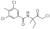 structure of CAS# 156052-68-5, Zoxamide;3,5-Dichloro-N-(3-chloro-1-ethyl-1-methyl-2-oxopropyl)-4-methyl-Benzamide