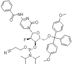 N-Benzoyl-5'-O-[bis(4-methoxyphenyl)phenylmethyl]-2'-deoxy-2'-fluorocytidine 3'-[2-cyanoethyl N,N-bis(1-methylethyl)phosphoramidite] molecular structure (CAS 161442-19-9)