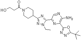 structure of CAS# 1620576-64-8, 1-[4-[5-[5-Amino-6-(5-tert-butyl-1,3,4-oxadiazol-2-yl)pyrazin-2-yl]-1-ethyl-1H-1,2,4-triazol-3-yl]piperidin-1-yl]-3-hydroxypropan-1-one