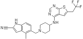 4-Methyl-5-[[4-[[6-(2,2,2-trifluoroethyl)thieno[2,3-d]pyrimidin-4-yl]amino]-1-piperidinyl]methyl]-1H-indole-2-carbonitrile molecular structure (CAS 1628317-18-9)