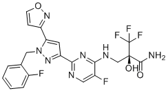structure of CAS# 1628732-62-6, Olinciguat;(2R)-3,3,3-trifluoro-2-[[[5-fluoro-2-[1-[(2-fluorophenyl)methyl]-5-(1,2-oxazol-3-yl)pyrazol-3-yl]pyrimidin-4-yl]amino]methyl]-2-hydroxypropanamide