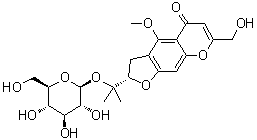 结构式 CAS# 1632110-81-6, (2S)-2-[1-(beta-D-吡喃葡萄糖基氧基)-1-甲基乙基]-2,3-二氢-7-(羟基甲基)-4-甲氧基-5H-呋喃并[3,2-g][1]苯并吡喃-5-酮