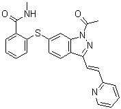 2-[[1-Acetyl-3-[(1E)-2-(2-pyridinyl)ethenyl]-1H-indazol-6-yl]thio]-N-methylbenzamide molecular structure (CAS 1639137-80-6)