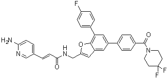 (2E)-3-(6-Amino-3-pyridinyl)-N-[[5-[4-[(4,4-difluoro-1-piperidinyl)carbonyl]phenyl]-7-(4-fluorophenyl)-2-benzofuranyl]methyl]-2-propenamide molecular structure (CAS 1643913-93-2)