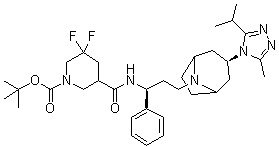 3,3-二氟-5-[[[(1S)-3-[(3-外)-3-[3-甲基-5-(1-甲基乙基)-4H-1,2,4-三唑-4-基]-8-氮杂双环[3.2.1]辛烷-8-基]-1-苯基丙基]氨基]羰基]-1-哌啶羧酸叔丁酯分子结构 (CAS 1673575-89-7)