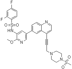 structure of CAS# 1676893-24-5, 2,4-Difluoro-N-[2-methoxy-5-[4-[3-[4-(methylsulfonyl)-1-piperazinyl]-1-propyn-1-yl]-6-quinolinyl]-3-pyridinyl]benzenesulfonamide