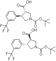 structure of CAS# 169248-97-9, trans-4-[3-(Trifluoromethyl)phenyl]-1,3-pyrrolidinedicarboxylic acid 1-tert-butyl ester;Boc-trans-DL-beta-Pro-4-(3-trifluoromethylphenyl)-OH