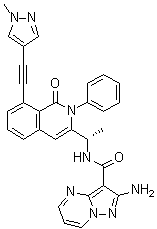 2-Amino-N-[(1S)-1-[1,2-dihydro-8-[2-(1-methyl-1H-pyrazol-4-yl)ethynyl]-1-oxo-2-phenyl-3-isoquinolinyl]ethyl]-pyrazolo[1,5-a]pyrimidine-3-carboxamide molecular structure (CAS 1693758-51-8)