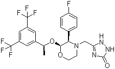 结构式 CAS# 170729-80-3, mk 0869; 阿瑞匹坦; 5-[2(R)-[1(R)-[3,5-二(三氟甲基)苯基]乙氧基]-3(S)-(4-氟苯基)吗啉-4-基甲基]-3,4-二氢-2H-1,2,4-三唑-3-酮