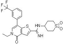 structure of CAS# 1714146-59-4, 5-Ethyl-4,5-dihydro-4-oxo-N-(tetrahydro-1,1-dioxido-2H-thiopyran-4-yl)-7-[3-(trifluoromethyl)phenyl]thieno[3,2-c]pyridine-2-carboximidamide;IBRD 9