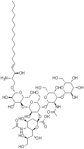 结构式 CAS# 171483-40-2, (2S,3R,4E)-2-氨基-3-羟基-4-十八碳烯基 O-(N-乙酰基-alpha-神经胺酸基)-(2→3)-O-[O-beta-D-吡喃半乳糖基-(1→3)-2-(乙酰氨基)-2-脱氧-beta-D-吡喃半乳糖基-(1→4)]-O-beta-D-吡喃半乳糖基-(1→4)-beta-D-吡喃葡萄糖苷单钾盐