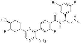 structure of CAS# 1715025-32-3, Rineterkib;4-[3-amino-6-[(1S,3S,4S)-3-fluoro-4-hydroxycyclohexyl]pyrazin-2-yl]-N-[(1S)-1-(3-bromo-5-fluorophenyl)-2-(methylamino)ethyl]-2-fluorobenzamide