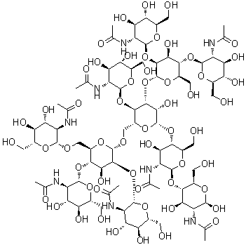 O-2-(Acetylamino)-2-deoxy-beta-D-glucopyranosyl-(1→4)-O-[O-2-(acetylamino)-2-deoxy-beta-D-glucopyranosyl-(1→2)-O-[2-(acetylamino)-2-deoxy-beta-D-glucopyranosyl-(1→4)]-O-[2-(acetylamino)-2-deoxy-beta-D-glucopyranosyl-(1→6)]-alpha-D-mannopyranosyl-(1→6)]-O-[O-2-(acetylamino)-2-deoxy-beta-D-glucopyranosyl-(1→2)-O-[2-(acetylamino)-2-deoxy-beta-D-glucopyranosyl-(1→4)]-alpha-D-mannopyranosyl-(1→3)]-O-beta-D-mannopyranosyl-(1→4)-O-2-(acetylamino)-2-deoxy-beta-D-glucopyranosyl-(1→4)-2-(acetylamino)-2-deoxy-beta-D-glucopyranose molecular structure (CAS 172906-79-5)