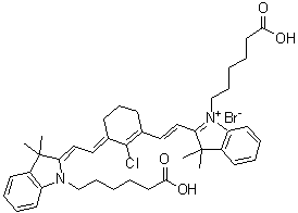 1-(5-Carboxypentyl)-2-[2-[3-[[1-(5-carboxypentyl)-1,3-dihydro-3,3-dimethyl-2H-indol-2-ylidene]ethylidene]-2-chloro-1-cyclohexen-1-yl]ethenyl]-3,3-dimethyl-3H-indolium bromide molecular structure (CAS 172971-76-5)