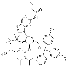N-[9-[5-O-[Bis(4-methoxyphenyl)phenylmethyl]-3-O-[[bis(1-methylethyl)amino](2-cyanoethoxy)phosphino]-2-O-[(1,1-dimethylethyl)dimethylsilyl]-beta-D-ribofuranosyl]-9H-purin-2-yl]butanamide molecular structure (CAS 179558-91-9)