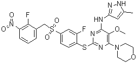 structure of CAS# 1798871-30-3, Centrinone;2-[[2-Fluoro-4-[[(2-fluoro-3-nitrophenyl)methyl]sulfonyl]phenyl]thio]-5-methoxy-N-(5-methyl-1H-pyrazol-3-yl)-6-(4-morpholinyl)-4-pyrimidinamine