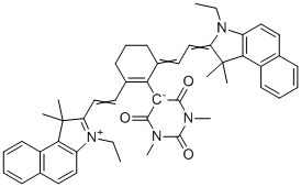 5-(6-(2-(3-Ethyl-1,1-dimethyl-1H-benzo[e]indol-2(3H)-ylidene)ethylidene)-2-(2-(3-ethyl-1,1-dimethyl-1H-benzo[e]indol-3-ium-2-yl)vinyl)cyclohex-1-en-1-yl)-1,3-dimethyl-2,6-dioxo-1,2,3,6-tetrahydropyrimidin-4-olate molecular structure (CAS 1841139-28-3)