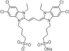 5,6-Dichloro-2-[[5,6-dichloro-1-ethyl-3-(4-sulfobutyl)benzimidazol-2-ylidene]propenyl]-1-ethyl-3-(4-sulfobutyl)benzimidazolium inner salt sodium salt molecular structure (CAS 18462-64-1)