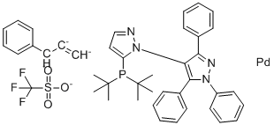 [5-[Bis(1,1-dimethylethyl)phosphino-kappap]-1',3',5'-triphenyl-1,4'-BI-1H-pyrazole][(1,2,3-eta)-1-phenyl-2-propen-1-YL]-palladium(1+), 1,1,1-trifluoromethanesulfonate (1:1) molecular structure (CAS 1846558-62-0)