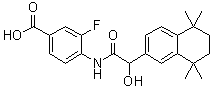 3-Fluoro-4-[[2-hydroxy-2-(5,6,7,8-tetrahydro-5,5,8,8-tetramethyl-2-naphthalenyl)acetyl]amino]benzoic acid molecular structure (CAS 185629-22-5)