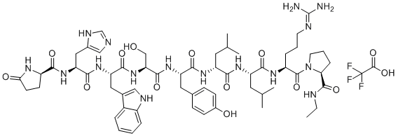 structure of CAS# 1926163-26-9, Leuprolide EP Impurity I;(Des-Gly10,D-Pyr1,D-Leu6,Pro-NHEt9)-LHRH Trifluoroacetate;(2R)-N-[(2S)-1-[[(2S)-1-[[(2S)-1-[[(2S)-1-[[(2R)-1-[[(2S)-1-[[(2S)-5-(diaminomethylideneamino)-1-[(2S)-2-(ethylcarbamoyl)pyrrolidin-1-yl]-1-oxopentan-2-yl]amino]-4-methyl-1-oxopentan-2-yl]amino]-4-methyl-1-oxopentan-2-yl]amino]-3-(4-hydroxyphenyl)-1-oxopropan-2-yl]amino]-3-hydroxy-1-oxopropan-2-yl]amino]-3-(1H-indol-3-yl)-1-oxopropan-2-yl]amino]-3-(1H-imidazol-5-yl)-1-oxopropan-2-yl]-5-oxopyrrolidine-2-carboxamide;2,2,2-trifluoroacetic acid