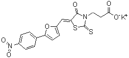 structure of CAS# 1956356-56-1, (5Z)-5-[[5-(4-Nitrophenyl)-2-furanyl]methylene]-4-oxo-2-thioxo-3-thiazolidinepropanoic acid potassium salt (1:1)