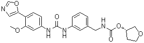 structure of CAS# 198821-22-6, Merimepodib;VI 21497; VX 497; [[3-[[[[3-Methoxy-4-(5-oxazolyl)phenyl]amino]carbonyl]amino]phenyl]methyl]carbamic acid (3S)-tetrahydro-3-furanyl ester
