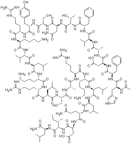 N-Acetyl-L-histidyl-D-phenylalanyl-L-alpha-aspartyl-L-alanyl-L-valyl-L-phenylalanyl-L-threonyl-L-asparaginyl-L-seryl-L-tyrosyl-L-arginyl-L-lysyl-L-valyl-L-leucyl-L-lysyl-L-arginyl-L-leucyl-L-seryl-L-alanyl-L-arginyl-L-lysyl-L-leucyl-L-leucyl-L-glutaminyl-L-alpha-aspartyl-L-isoleucyl-L-leucinamide molecular structure (CAS 202463-00-1)