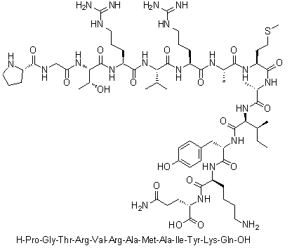 L-脯氨酰甘氨酰-L-苏氨酰-L-精氨酰-L-缬氨酰-L-精氨酰-L-丙氨酰-L-蛋氨酰-L-丙氨酰-L-异亮氨酰-L-酪氨酰-L-赖氨酰-L-谷氨酰胺分子结构 (CAS 202525-99-3)