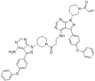 structure of CAS# 2031255-23-7, Ibrutinib dimer;1-[(3R)-3-[4-amino-3-(4-phenoxyphenyl)pyrazolo[3,4-d]pyrimidin-1-yl]piperidin-1-yl]-3-[[3-(4-phenoxyphenyl)-1-[(3R)-1-prop-2-enoylpiperidin-3-yl]pyrazolo[3,4-d]pyrimidin-4-yl]amino]propan-1-one