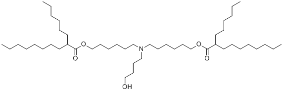 structure of CAS# 2036272-55-4, 1,1'-[[(4-Hydroxybutyl)imino]di-6,1-hexanediyl] bis(2-hexyldecanoate);ALC-0315