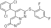 结构式 CAS# 209410-46-8, VX-745; 5-(2,6-二氯苯基)-2-((2,4-二氟苯基)硫基)-6H-嘧啶并[1,6-b]哒嗪-6-酮