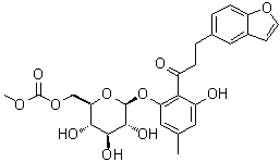 结构式 CAS# 209746-59-8, 3-(5-苯并呋喃基)-1-[2-羟基-6-[[6-O-(甲氧羰基)-beta-D-吡喃葡萄糖基]氧基]-4-甲基苯基]-1-丙酮
