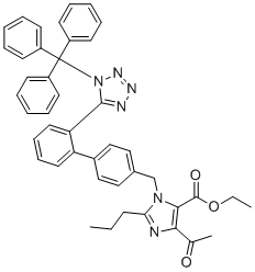structure of CAS# 2101308-74-9, Olmesartan Medoxomil Impurity 7;Ethyl 4-acetyl-2-propyl-1-((2'-(1-trityl-1H-tetrazol-5-yl)-[1,1'-biphenyl]-4-yl)methyl)-1H-imidazole-5-carboxylate