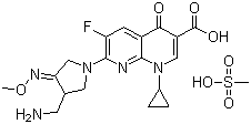 结构式 CAS# 210353-53-0, 甲磺酸吉米沙星; 7-[3-(氨甲基)-4-(甲氧亚氨基)吡咯烷-1-基]-1-环丙基-6-氟-4-氧代-1,4-二氢-1,8-二氮杂萘-3-羧酸甲磺酸盐