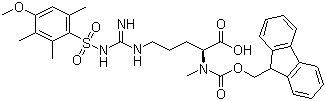 结构式 CAS# 214750-72-8, N-[(9H-芴-9-基甲氧基)羰基]-N-甲基-N'-[(4-甲氧基-2,3,6-三甲苯基)磺酰基]-L-精氨酸
