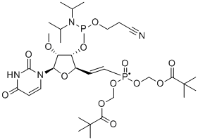 1-[(5E)-6-[bis[(2,2-dimethyl-1-oxopropoxy)methoxy]phosphinyl]-3-O-[[bis(1-methylethyl)amino](2-cyanoethoxy)phosphino]-5,6-dideoxy-2-O-methyl-β-D-ribo-hex-5-enofuranosyl]-2,4(1H,3H)-Pyrimidinedione molecular structure (CAS 2172373-55-4)