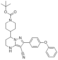 structure of CAS# 2190506-56-8, 7-(1-Boc-4-piperidinyl)-2-(4-phenoxyphenyl)-4,5,6,7-tetrahydropyrazolo[1,5-a]pyrimidine-3-carbonitrile;tert-butyl 4-[3-cyano-2-(4-phenoxyphenyl)-4,5,6,7-tetrahydropyrazolo[1,5-a]pyrimidin-7-yl]piperidine-1-carboxylate