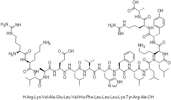 L-精氨酰-L-赖氨酰-L-缬氨酰-L-丙氨酰-L-alpha-谷氨酰-L-亮氨酰-L-缬氨酰-L-组氨酰-L-苯丙氨酰-L-亮氨酰-L-亮氨酰-L-亮氨酰-L-赖氨酰-L-酪氨酰-L-精氨酰-L-丙氨酸分子结构 (CAS 221306-20-3)