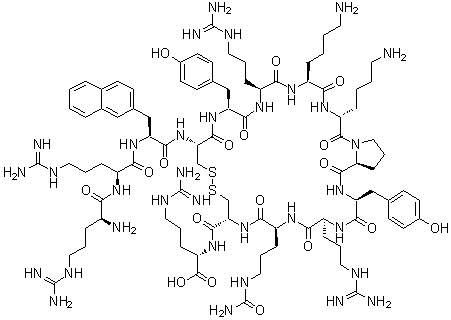 L-精氨酰-L-精氨酰-3-(2-萘基)-L-丙氨酰-L-半胱氨酰-L-酪氨酰-L-精氨酰-L-赖氨酰-D-赖氨酰-L-脯氨酰-L-酪氨酰-L-精氨酰-N5-(氨基羰基)-L-鸟氨酰-L-半胱氨酰-L-精氨酸环(4→13)-二硫醚分子结构 (CAS 229030-20-0)