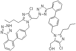 2-丁基-1-[[2'-[2-[[2-丁基-4-氯-1-[[2'-(2H-四唑-5-基)[1,1'-联苯]-4-基]甲基]-1H-咪唑-5-基]甲基]-2H-四唑-5-基][1,1'-联苯]-4-基]甲基]-4-氯-1H-咪唑-5-甲醇分子结构 (CAS 230971-72-9)