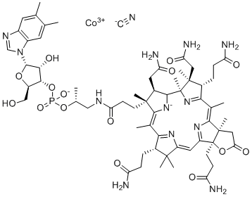 structure of CAS# 23208-66-4, Cyanocobalamin EP Impurity A;7beta,8beta-Lactocyanocobalamin;Cobalt(3+) (2R)-1-({3-[(1Z,4S,5S,6R,8R,9R,10Z,13S,15Z,18R,22R)-5,8-bis(2-amino-2-oxoethyl)-4,13,18-tris(3-amino-3-oxopropyl)-2,5,6,9,11,14,14,22-octamethyl-20-oxo-19-oxa-23,24,25,26-tetraazahexacyclo[ 15.5.1.13,6.17,10.112,15.018,22]hexacosa-1,3(26),10,12(24),15,17(23)-hexaen-25-id-9-yl]propanoyl}amino)-2-propanyl (2R,3S,4R,5S)-5-(5,6-dimethyl-1H-benzimidazol-1-yl)-4-hydroxy-2-(hydroxymethy l)tetrahydro-3-furanyl phosphate cyanide (1:1:1) (non-preferred name)