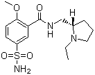 结构式 CAS# 23672-07-3, 左旋舒必利; (S)-(-)-N-[甲基-(1-乙基-2-吡咯烷基)]-2-甲氧基-5-(氨基磺酰基)-苯甲酰胺