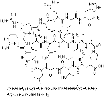 structure of CAS# 24345-16-2, Apamin;Apamine; L-Cysteinyl-L-asparaginyl-L-cysteinyl-L-lysyl-L-alanyl-L-prolyl-L-alpha-glutamyl-L-threonyl-L-alanyl-L-leucyl-L-cysteinyl-L-alanyl-L-arginyl-L-arginyl-L-cysteinyl-L-glutaminyl-L-glutaminyl-L-histidinamide cyclic (1-11) (3-15)-bis(disulfide) = Cys-Asn-Cys-Lys-Ala-Pro-Glu-Thr-Ala-leu-Cyc-Ala-Arg-Arg-Cys-Gln-Gln-His-NH2