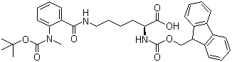 structure of CAS# 251103-43-2, Fmoc-Lys(N-Me-Abz-Boc)-OH;Boc-N-Me-Abz-(Fmoc-Lys-OH); N6-[2-[[(tert-Butoxy)carbonyl]methylamino]benzoyl]-N2-[(9H-fluoren-9-ylmethoxy)carbonyl]-L-lysine