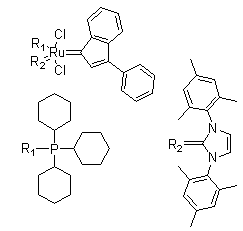 Dichloro[1,3-dihydro-1,3-bis(2,4,6-trimethylphenyl)-2H-imidazol-2-ylidene](3-phenyl-1H-inden-1-ylidene)(tricyclohexylphosphine)ruthenium molecular structure (CAS 254972-49-1)