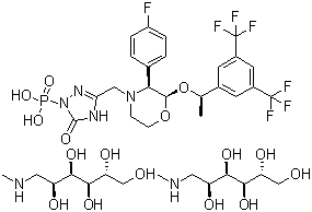 结构式 CAS# 265121-04-8, 1-脱氧-1-(甲基氨基)-D-葡萄糖醇 [3-[[(2R,3S)-2-[(1R)-1-[3,5-双(三氟甲基)苯基]乙氧基]-3-(4-氟苯基)-4-吗啉基]甲基]-2,5-二氢-5-氧代-1H-1,2,4-三唑-1-基]膦酸盐