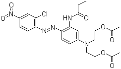 结构式 CAS# 26850-12-4, 分散红 167; 分散红玉 S-2GFL; N-[5-[双[2-(乙酰氧基)乙基]氨基]-2-[2-(2-氯-4-硝基苯基)偶氮]苯基]丙酰胺