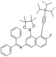 structure of CAS# 2816821-08-4, N-(diphenylmethylene)-6-fluoro-4-(4,4,5,5-tetramethyl-1,3,2-dioxaborolan-2-yl)-5-((triisopropylsilyl)ethynyl)naphthalen-2-amine;N-[6-fluoro-4-(4,4,5,5-tetramethyl-1,3,2-dioxaborolan-2-yl)-5-[2-tri(propan-2-yl)silylethynyl]naphthalen-2-yl]-1,1-diphenylmethanimine